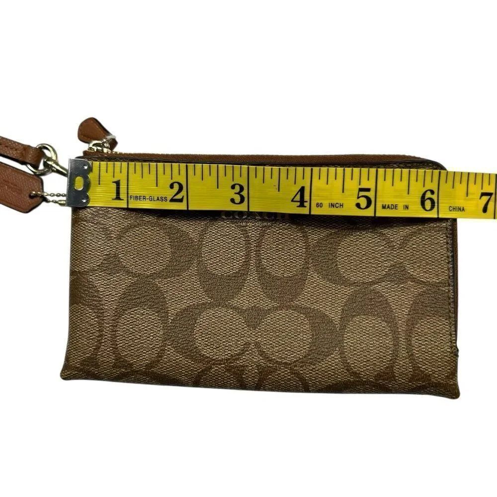 Coach Signature Brown Coated Canvas Double Zip Corner Wristlet Clutch Brown Tan - Picture 4 of 10